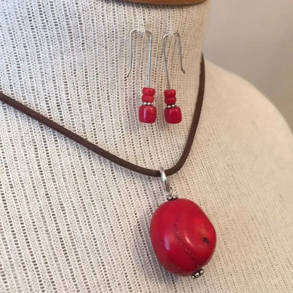 Red Coral Cord Necklace & Sterling Earrings